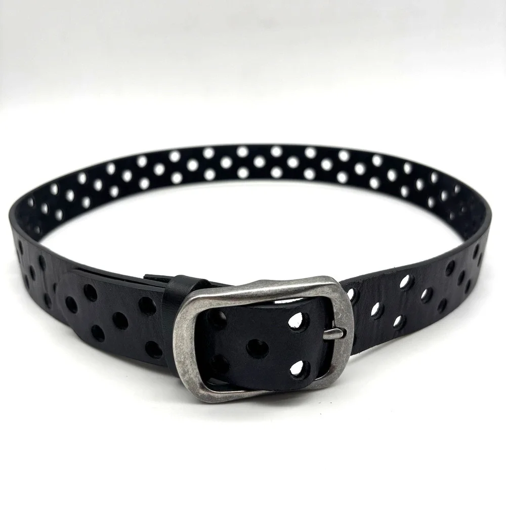 Vintage Y2K Black Genuine Leather Single Prong 3-row Holes Belt S/M Up to 36